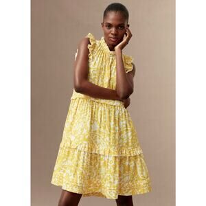 ME+EM Yellow Paisley Print Cheesecloth Frill Swing Dress Size 10 Ruffle Sundress